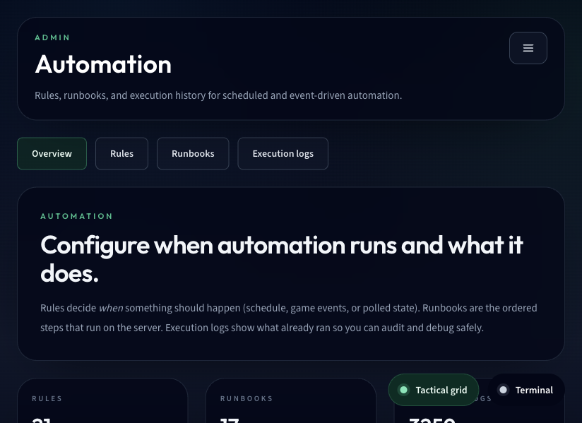 Rust Overwatch automation hub with rules, runbooks, and execution history.