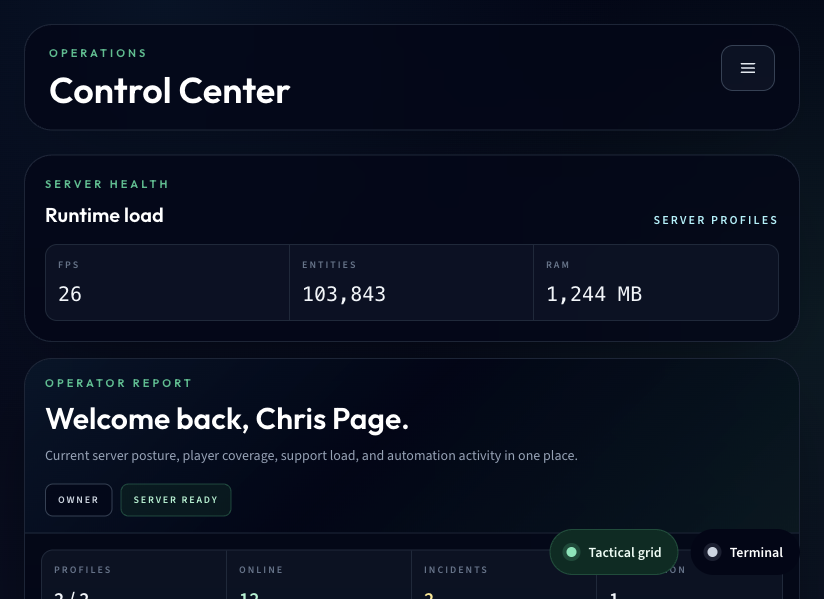 Rust Overwatch dashboard with memberships and operational summaries.